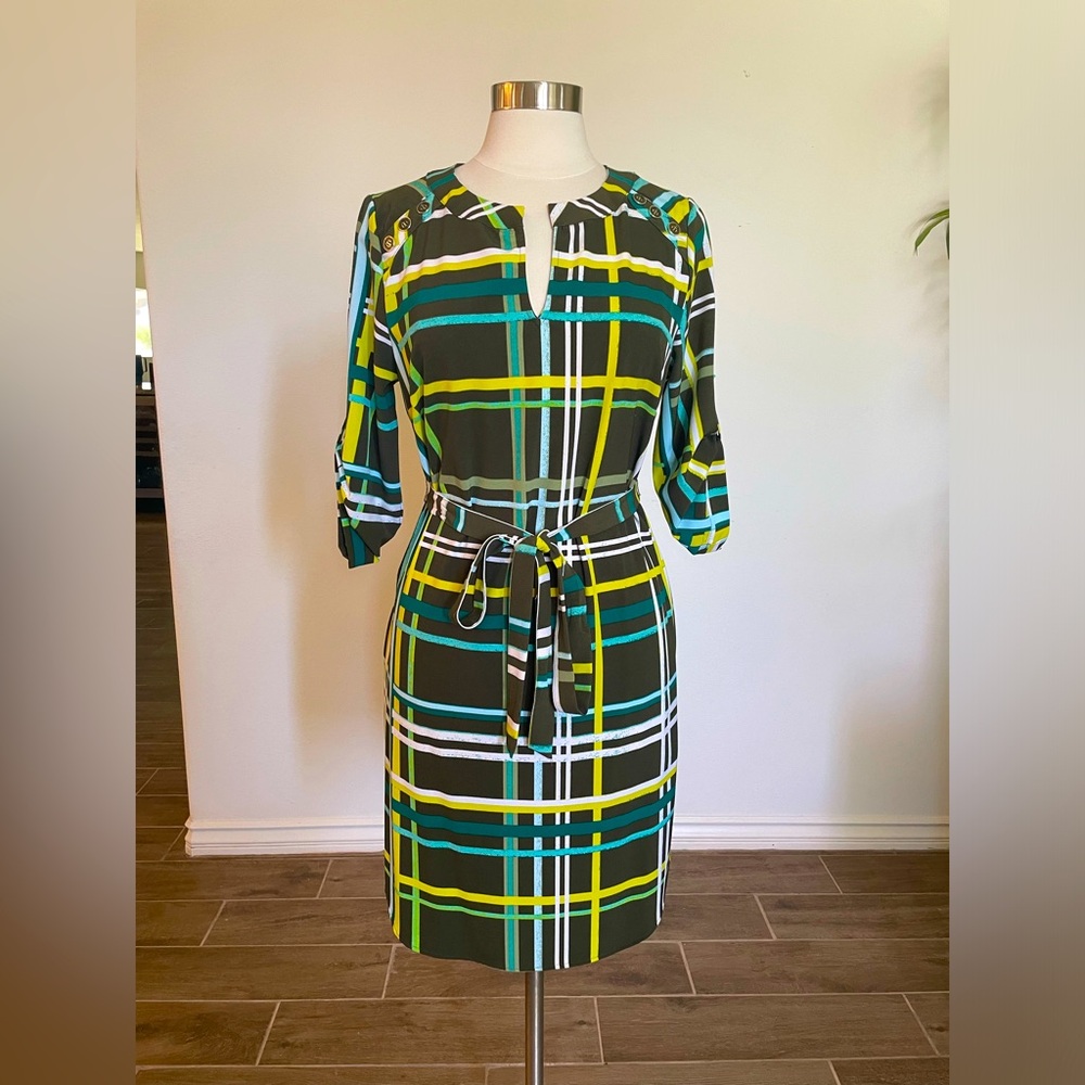 NewYork & Company Knee Length Plaid Green Dress
